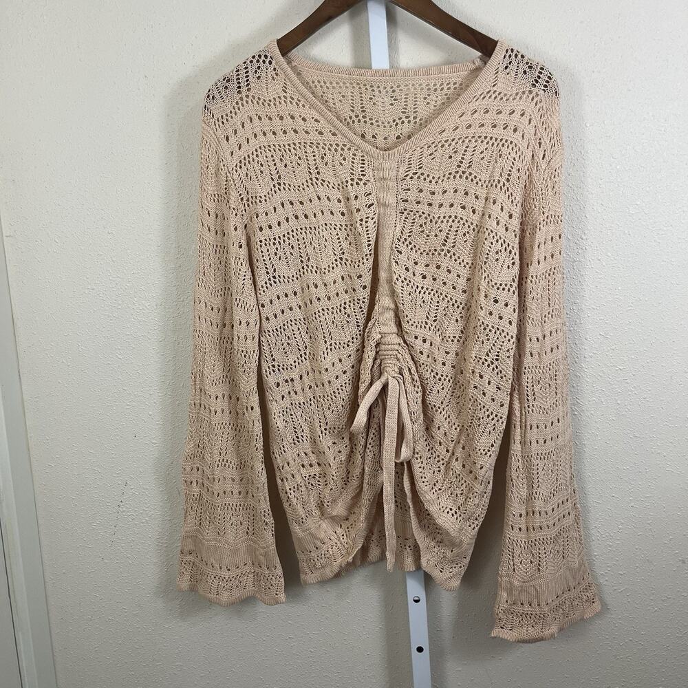 Bell Sleeve Crochet Sweater Womens L Boho Cottage Whimsygoth Ruched Open Knit